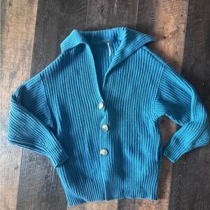 Free People Chunky Knit Cardigan Sweater Teal Oversized XS
